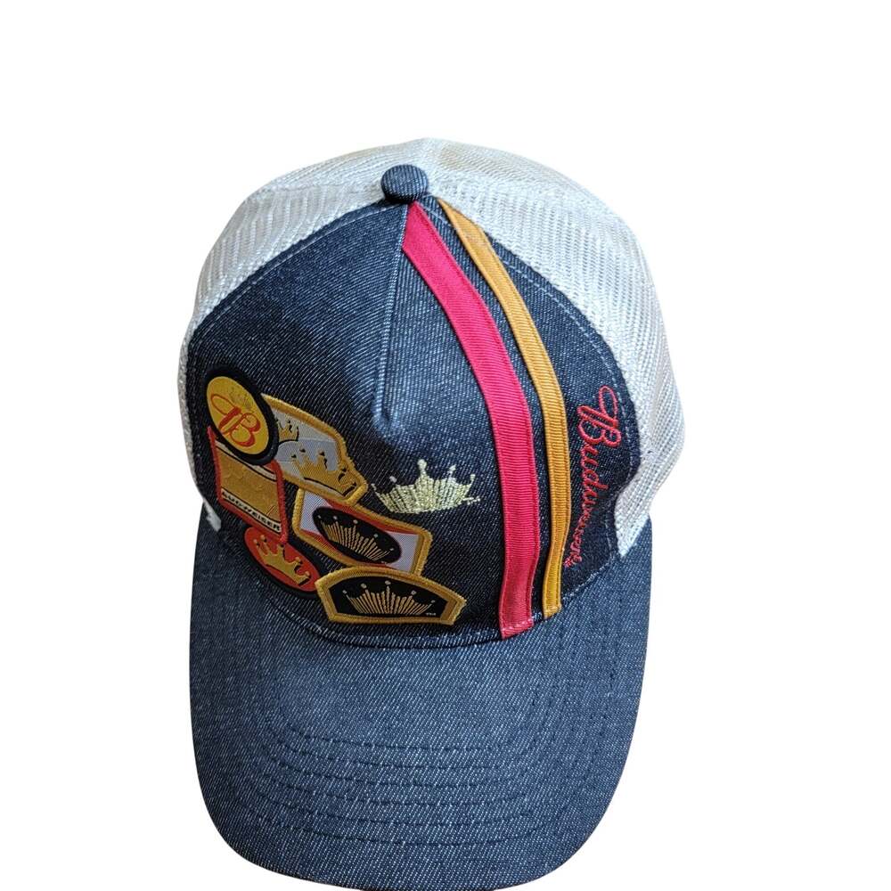 Budweiser K-Products Strapback Trucker Hat Black Denim Mesh Back Patches Beer